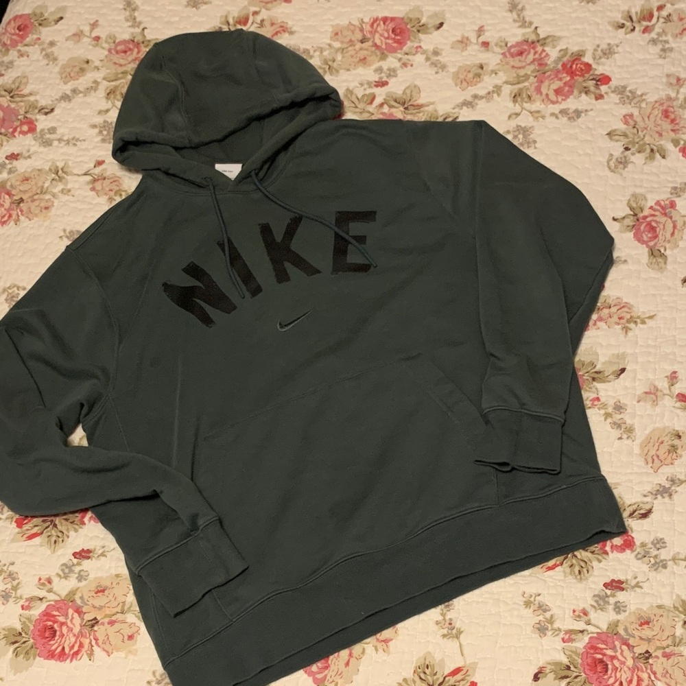 Nike Dark Green Men's Pullover Hoodie with Black Logo